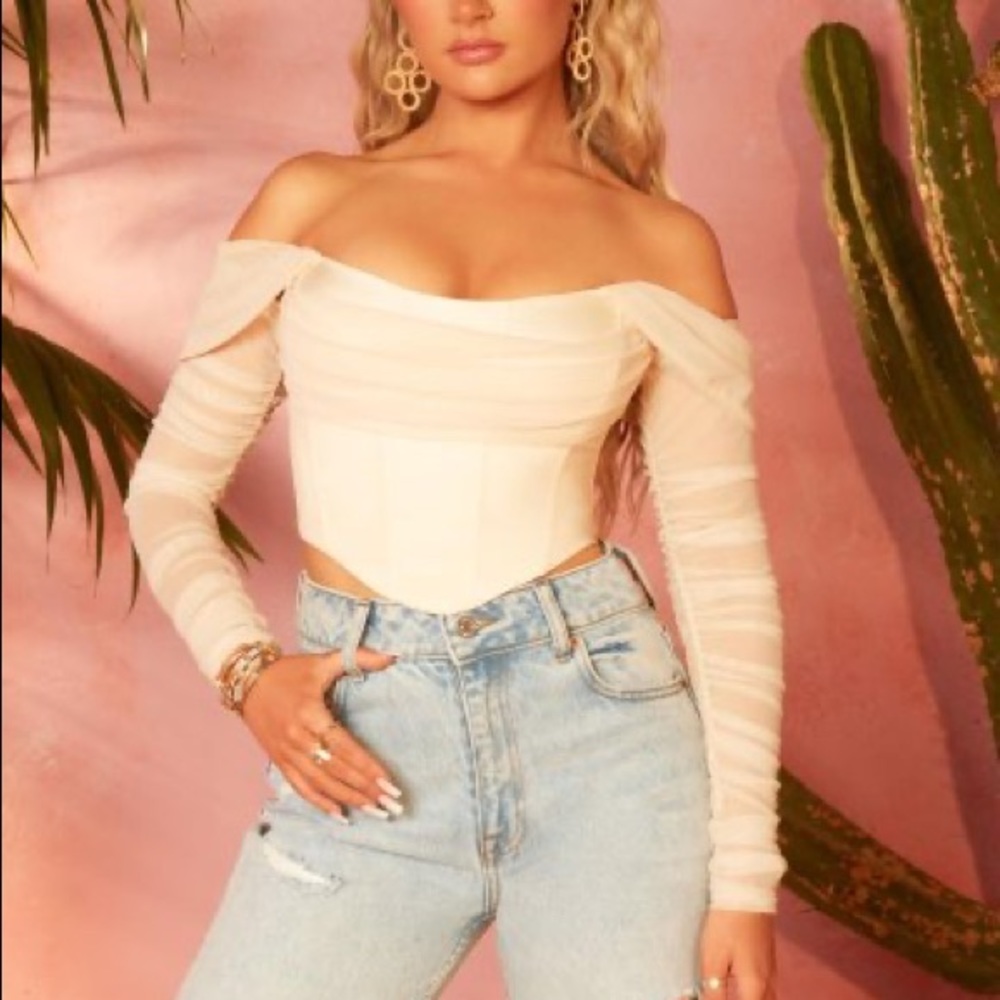 Oh Polly Cream Off-Shoulder Mesh Corset Crop Top